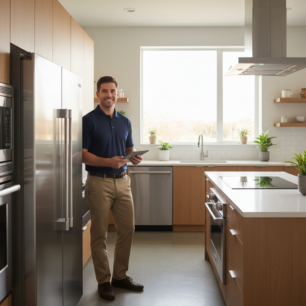 Professional appliance repair technician in a bright modern kitchen