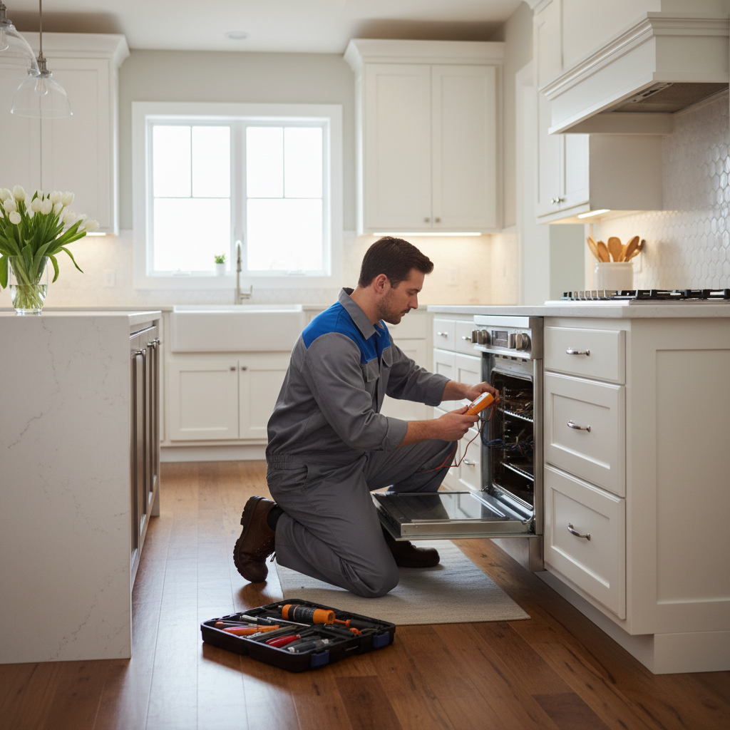 Technician repairing a built-in kitchen appliance